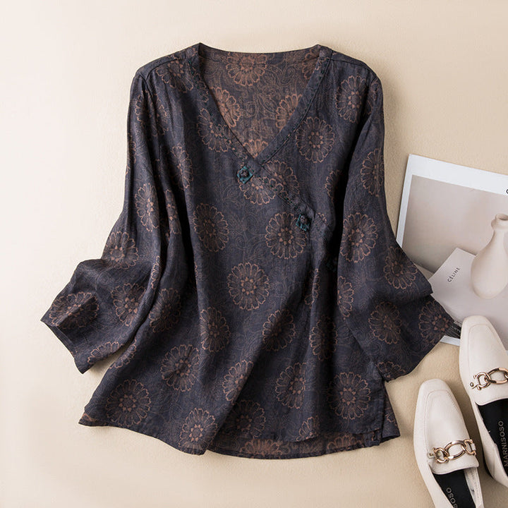 Thea | Paisley Print Blouse with V Neckline and Long Sleeves
