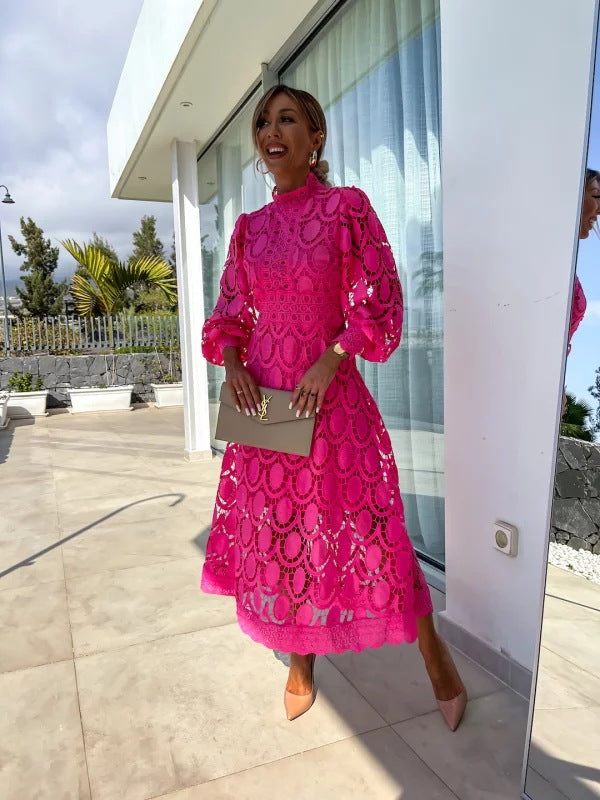 Olivia | Midi Wedding Guest Dress with High Neck and Long Sleeves