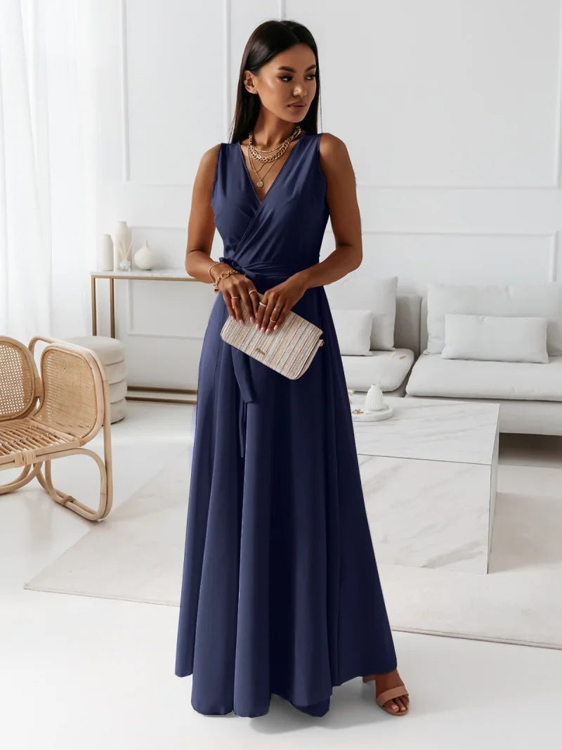 Women's V Neck Maxi Dress with Wrap and Flowing Design
