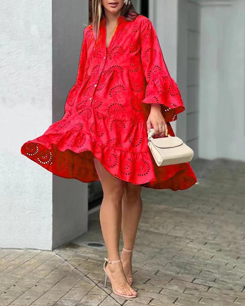 Women's Tiered Mini Dress with Bell Sleeves and Eyelet Detail
