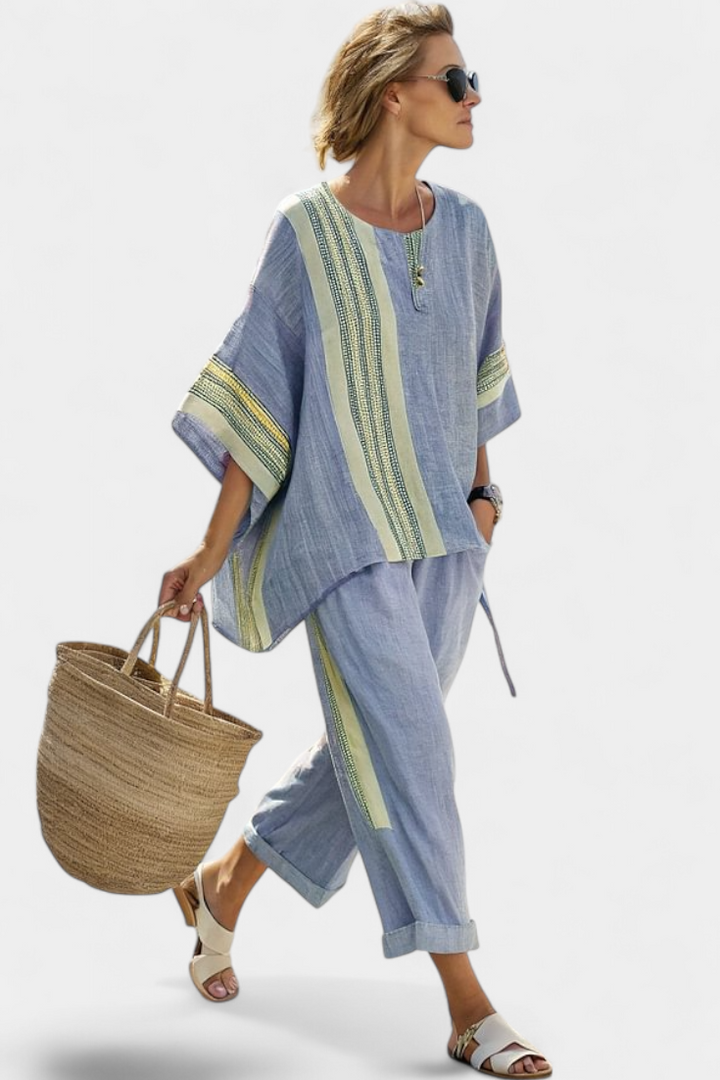 Leona | Matching Set with Stripe Trim and Wide Leg Trousers