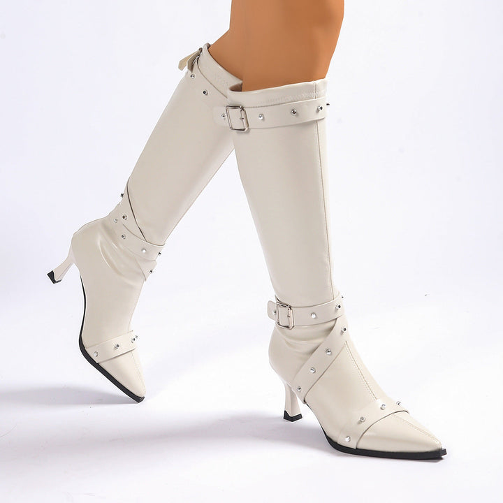 Women's Knee High Boots with Buckle Strap and Kitten Heel