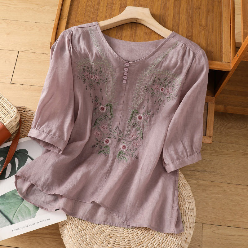 Women's Floral Embroidered Blouse with Round Neck and Short Sleeve