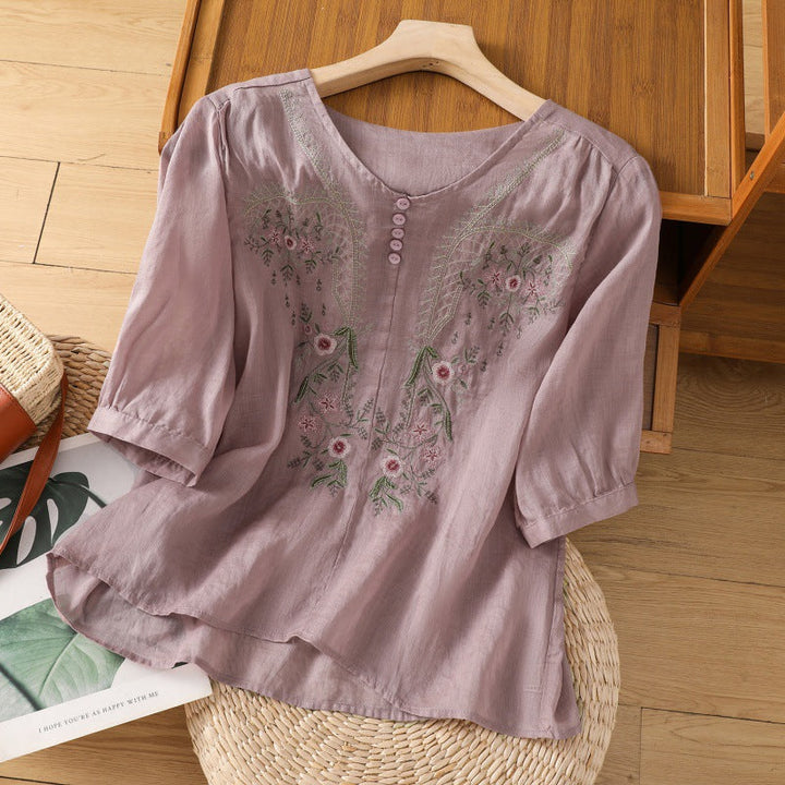Women's Floral Embroidered Blouse with Round Neck and Short Sleeve