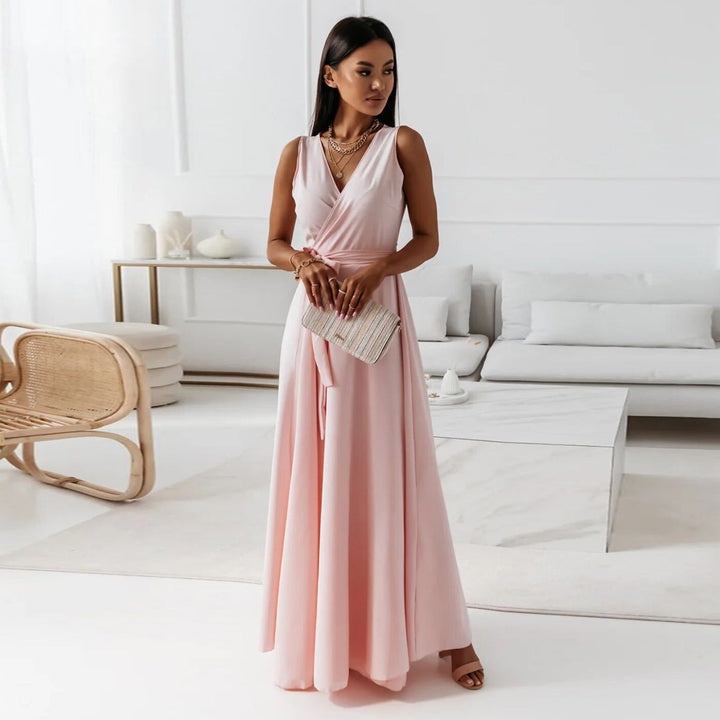 Women's V Neck Maxi Dress with Wrap and Flowing Design