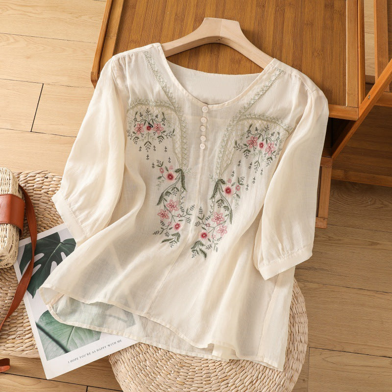 Women's Floral Embroidered Blouse with Round Neck and Short Sleeve