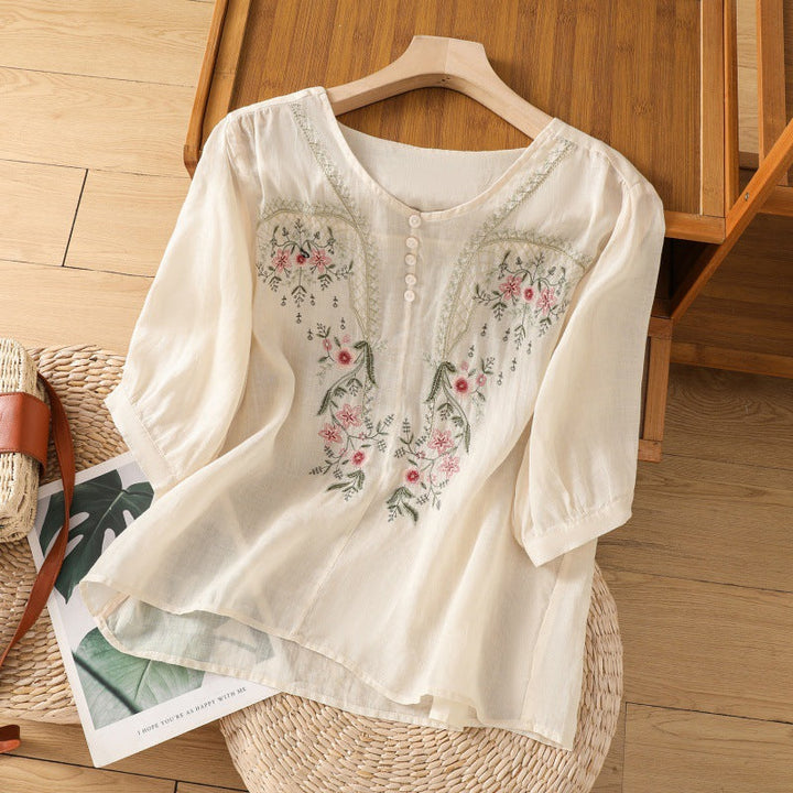 Women's Floral Embroidered Blouse with Round Neck and Short Sleeve