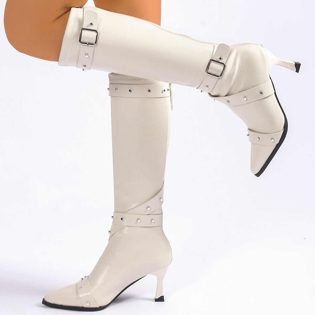 Women's Knee High Boots with Buckle Strap and Kitten Heel