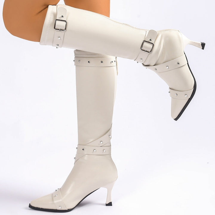 Women's Knee High Boots with Buckle Strap and Kitten Heel
