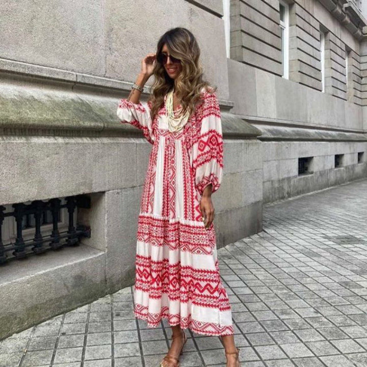Lucy | Maxi Summer Dress with Boho Print and Puff Sleeves