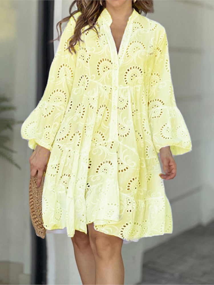 Women's Tiered Mini Dress with Bell Sleeves and Eyelet Detail