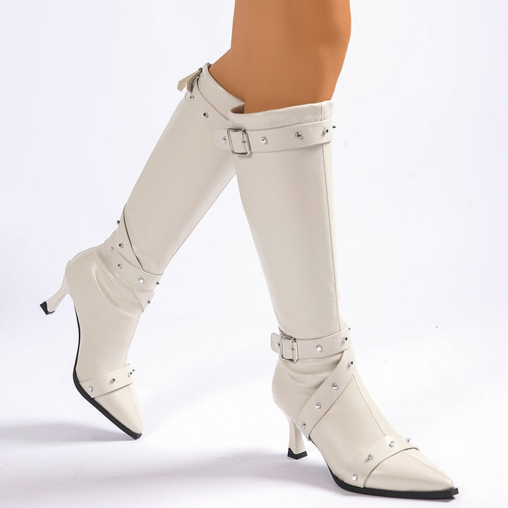 Women's Knee High Boots with Buckle Strap and Kitten Heel