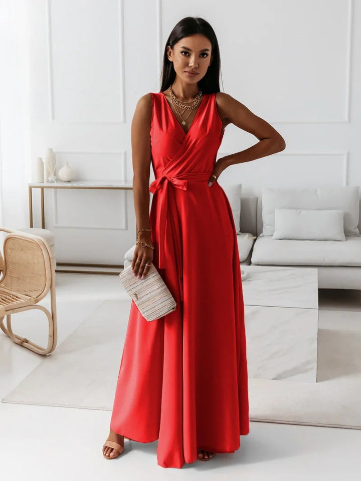 Women's V Neck Maxi Dress with Wrap and Flowing Design