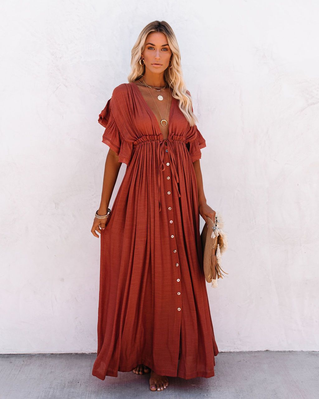 Maeve | Boho Maxi Dress Draped Button Front
