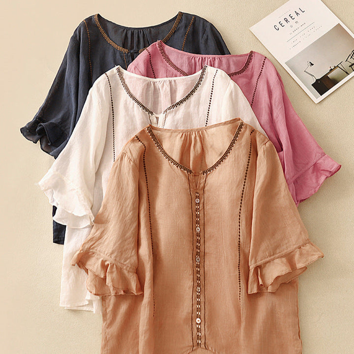 Iris | Linen Blouse with Embroidered Trim and Flared Sleeves