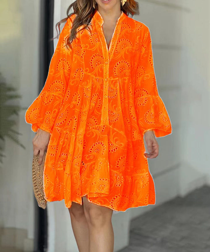 Women's Tiered Mini Dress with Bell Sleeves and Eyelet Detail