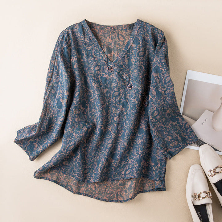 Thea | Paisley Print Blouse with V Neckline and Long Sleeves