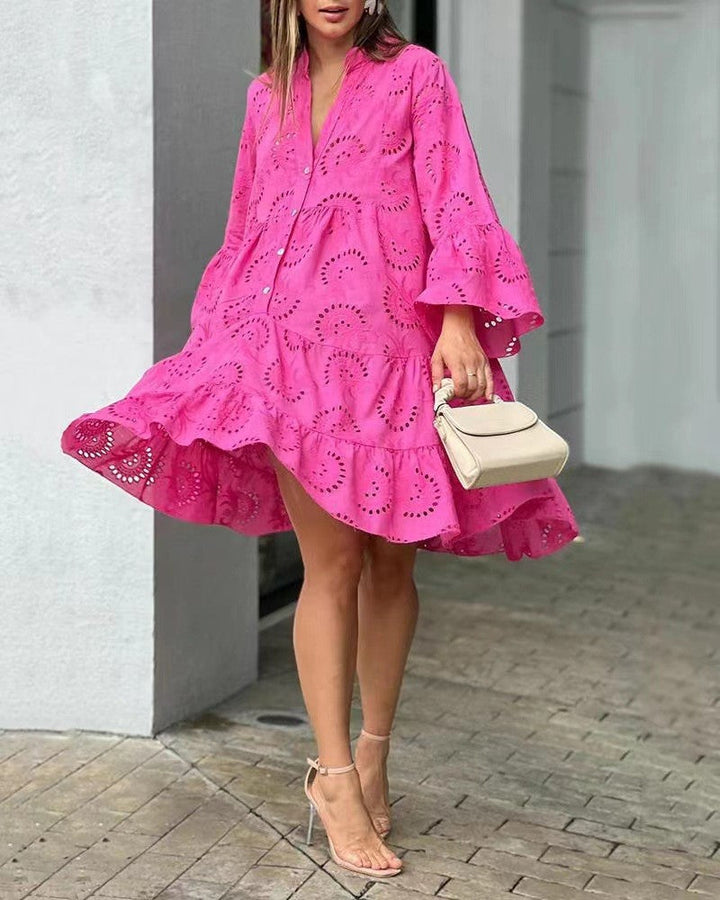 Women's Tiered Mini Dress with Bell Sleeves and Eyelet Detail