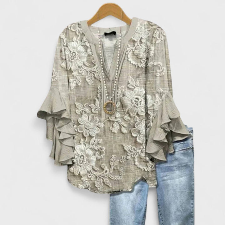 Women's V-Neck Blouse with Ruffle Sleeve and Relaxed Fit