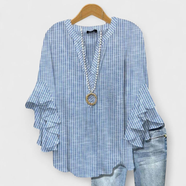 Ines | Baroque Print Blouse with Ruffle Sleeves and V-Neck