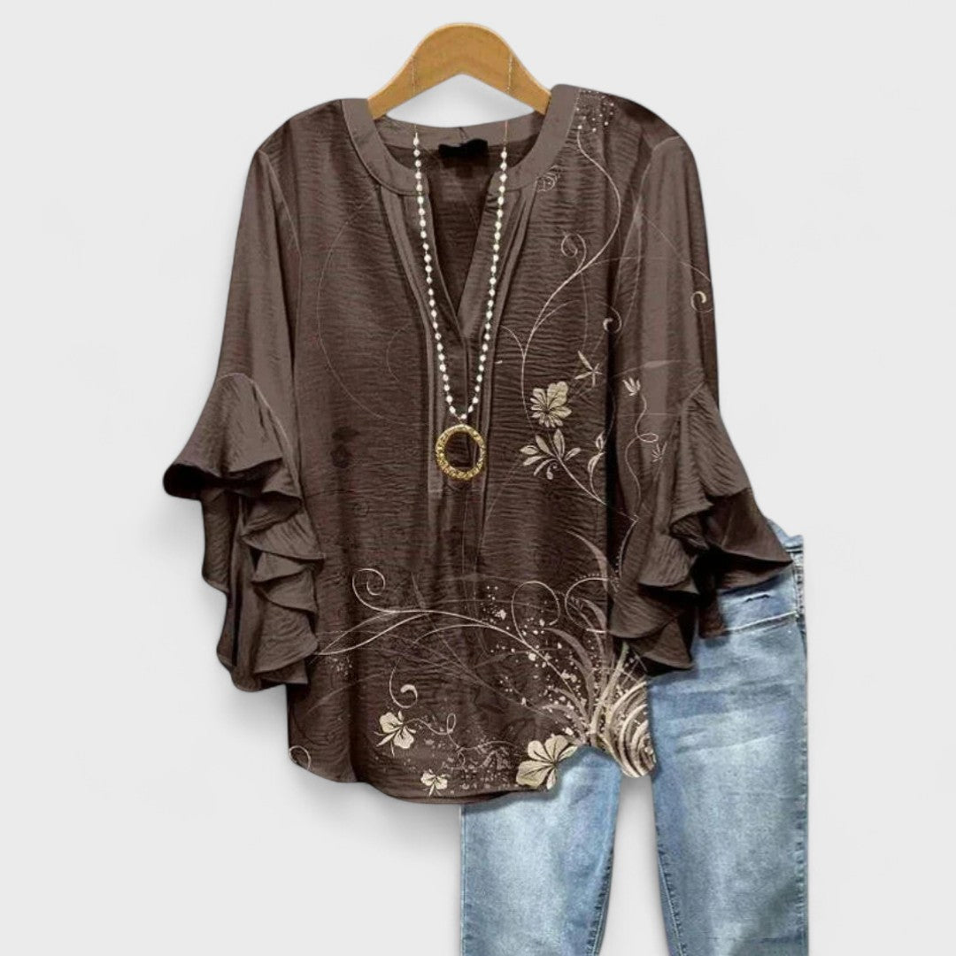 Ines | Baroque Print Blouse with Ruffle Sleeves and V-Neck