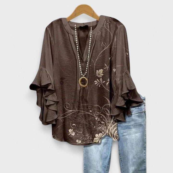 Women's V-Neck Blouse with Ruffle Sleeve and Relaxed Fit