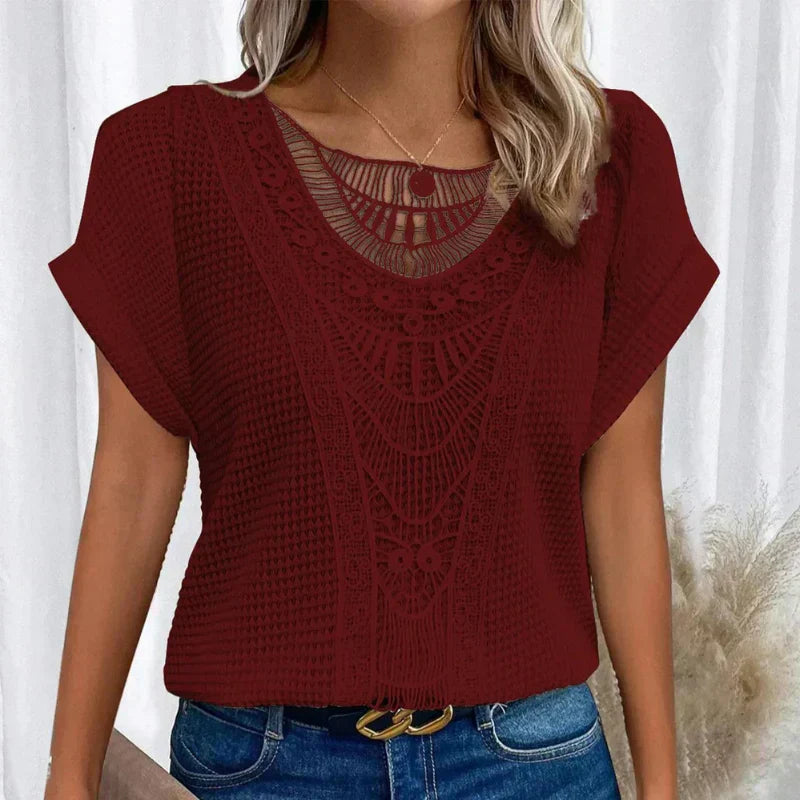 Tina | Crochet Detail Top with Round Neckline and Short Sleeves