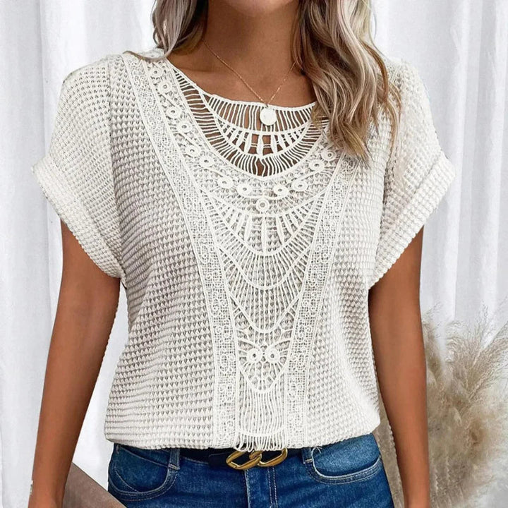 Tina | Crochet Detail Top with Round Neckline and Short Sleeves