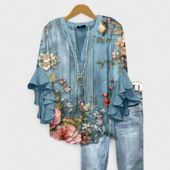 Ines | Baroque Print Blouse with Ruffle Sleeves and V-Neck