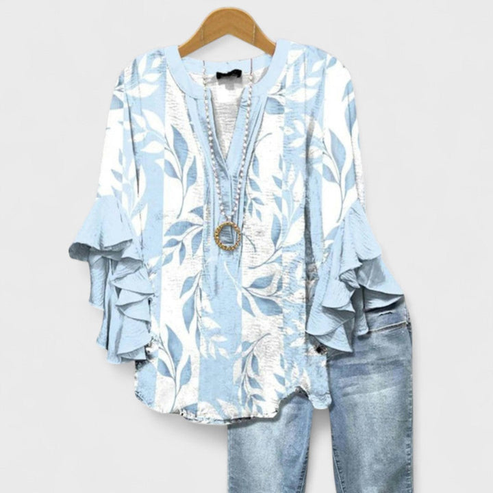 Women's V-Neck Blouse with Ruffle Sleeve and Relaxed Fit