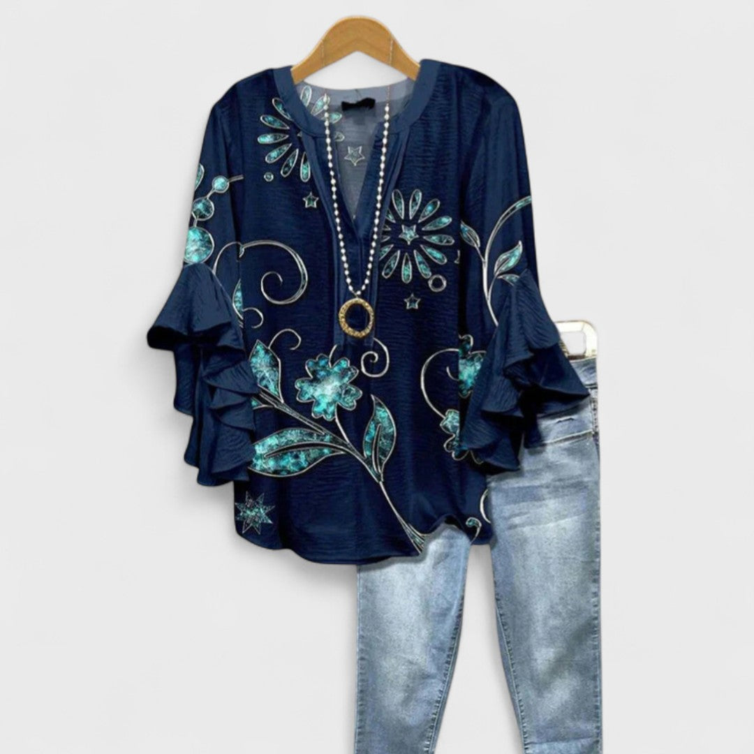 Women's V-Neck Blouse with Ruffle Sleeve and Relaxed Fit
