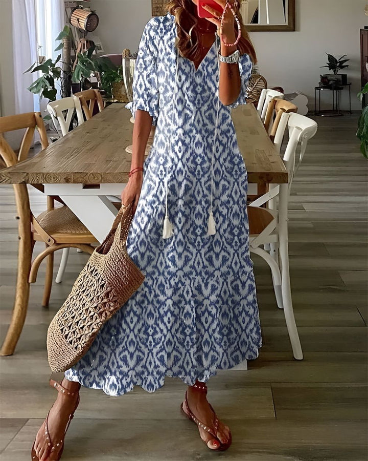 Women's Boho Printed Maxi Dress with Tassel Tie