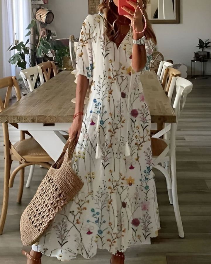 Women's Boho Printed Maxi Dress with Tassel Tie