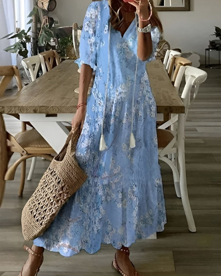 Women's Boho Printed Maxi Dress with Tassel Tie