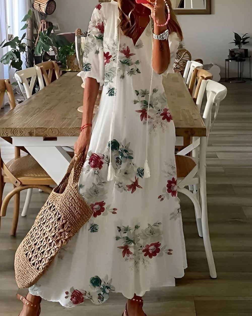 Women's Boho Printed Maxi Dress with Tassel Tie