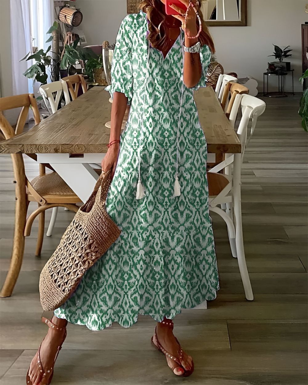 Women's Boho Printed Maxi Dress with Tassel Tie