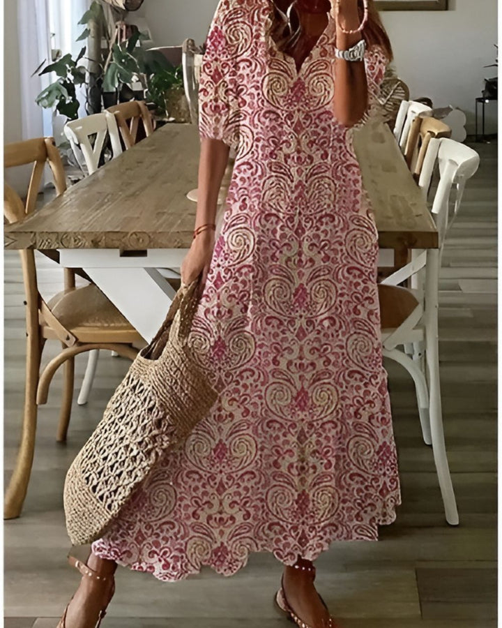 Women's Boho Printed Maxi Dress with Tassel Tie