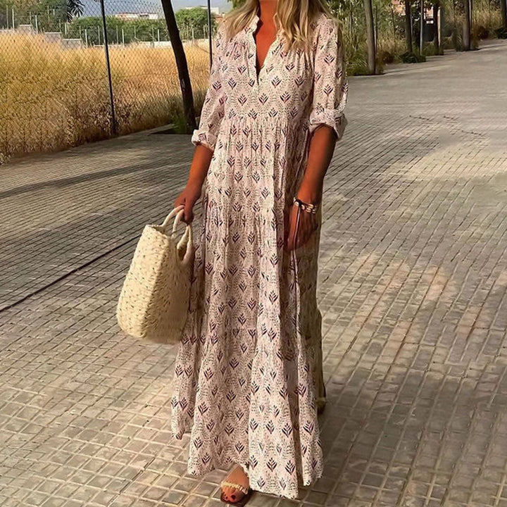 Women's Boho Print Maxi Dress with Roll-Up Long Sleeves