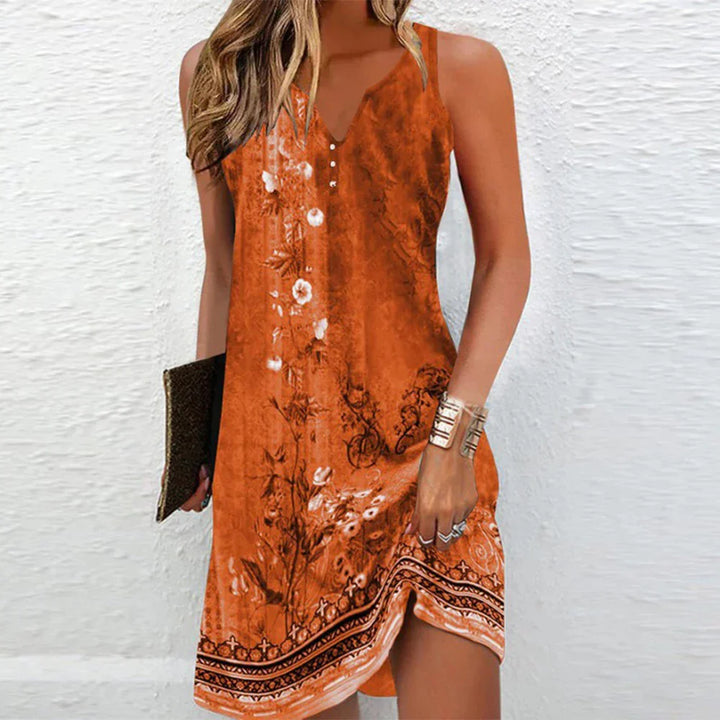 Women's Sleeveless Midi Dress with V-Neck and Printed Design