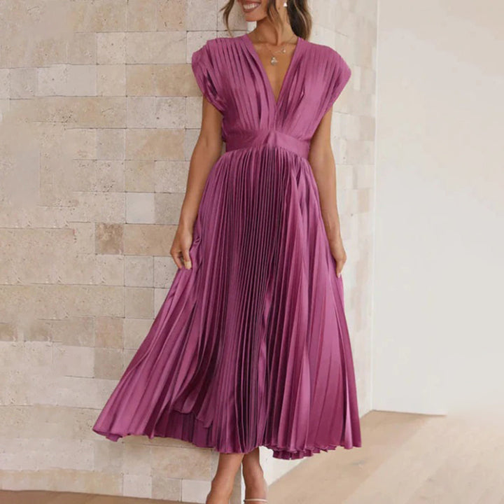 Alexis | Midi Wedding Guest Dress with V-Neck and Pleated Skirt