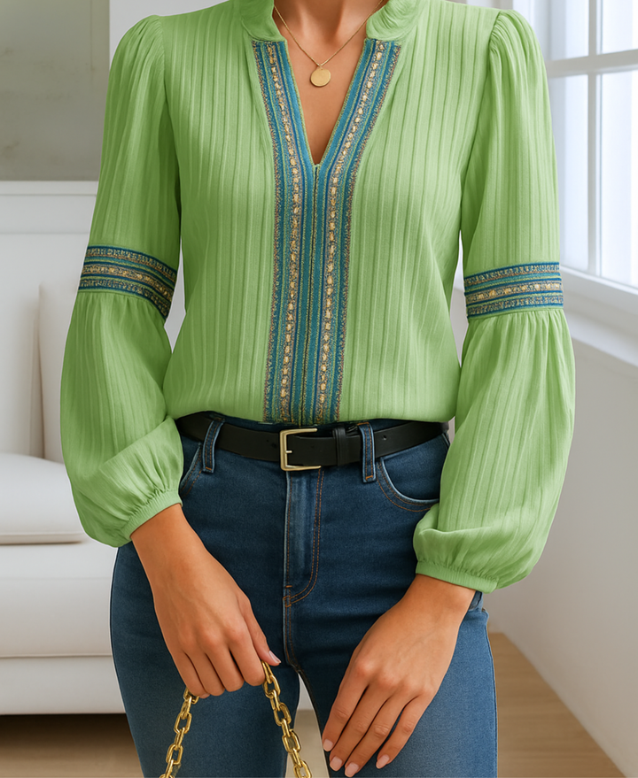 Mia | Embroidered Trim Blouse with Split V-Neck and Long Puff Sleeves