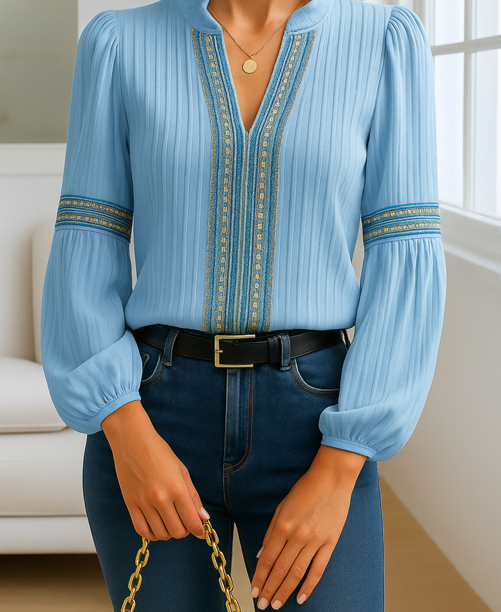 Mia | Embroidered Trim Blouse with Split V-Neck and Long Puff Sleeves