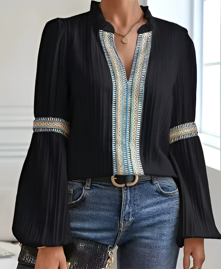 Mia | Embroidered Trim Blouse with Split V-Neck and Long Puff Sleeves