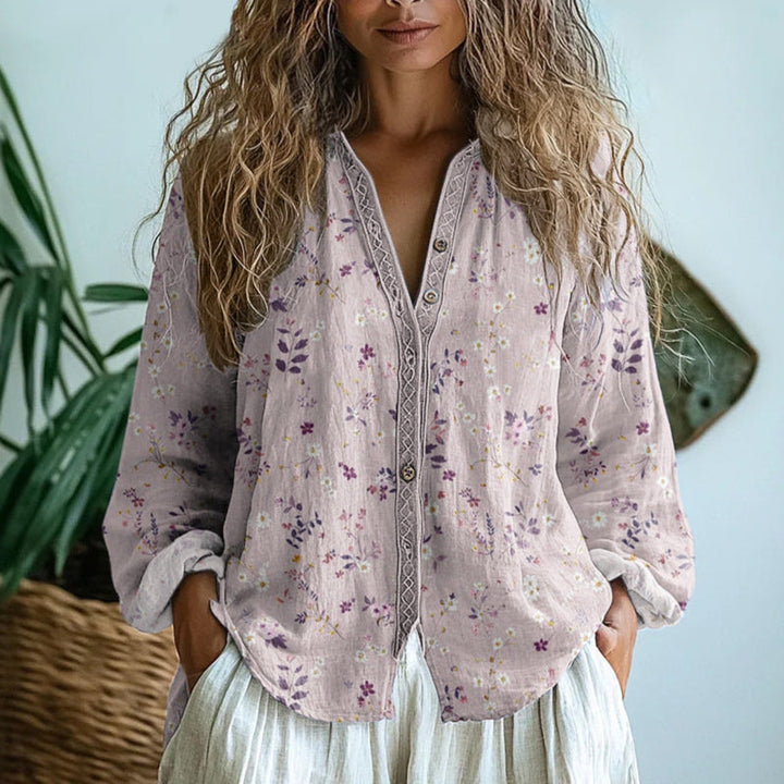 Ferris | Novelty Print Blouse with V Neckline and Button Front