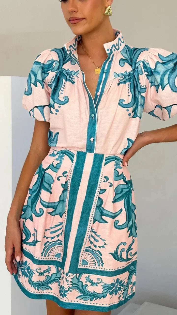 Isla | Mini Shirt Dress with Boho Print and Puff Sleeves