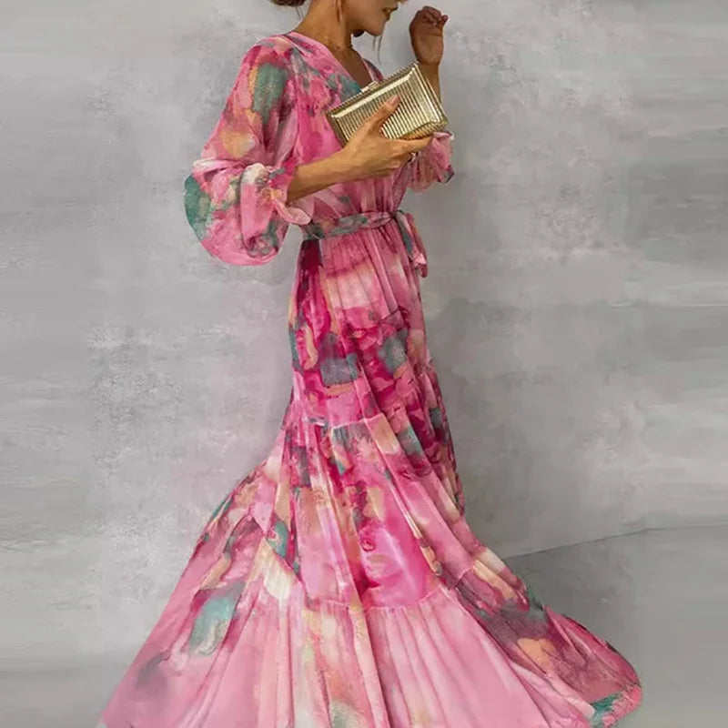 Women's Pink Floral Wrap Maxi Dress with Tiered Skirt
