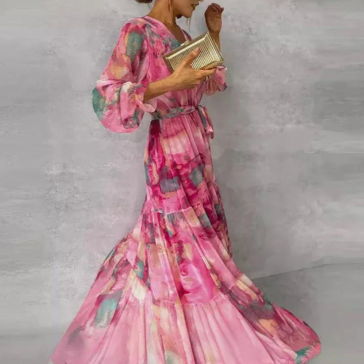 Women's Pink Floral Wrap Maxi Dress with Tiered Skirt