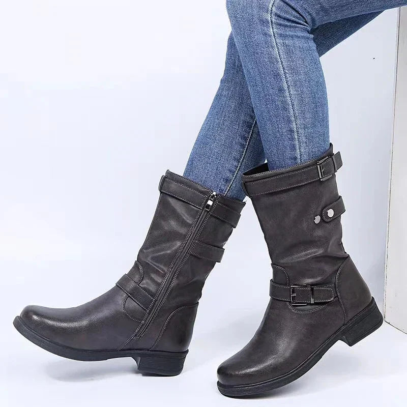 Women's Mid-Calf Moto Boots with Buckle Strap and Low Block Heel