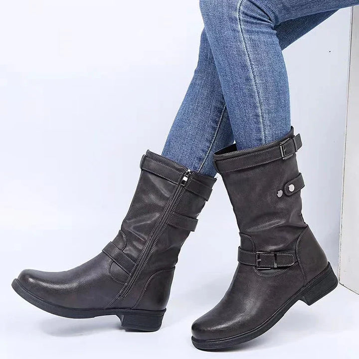 Women's Mid-Calf Moto Boots with Buckle Strap and Low Block Heel