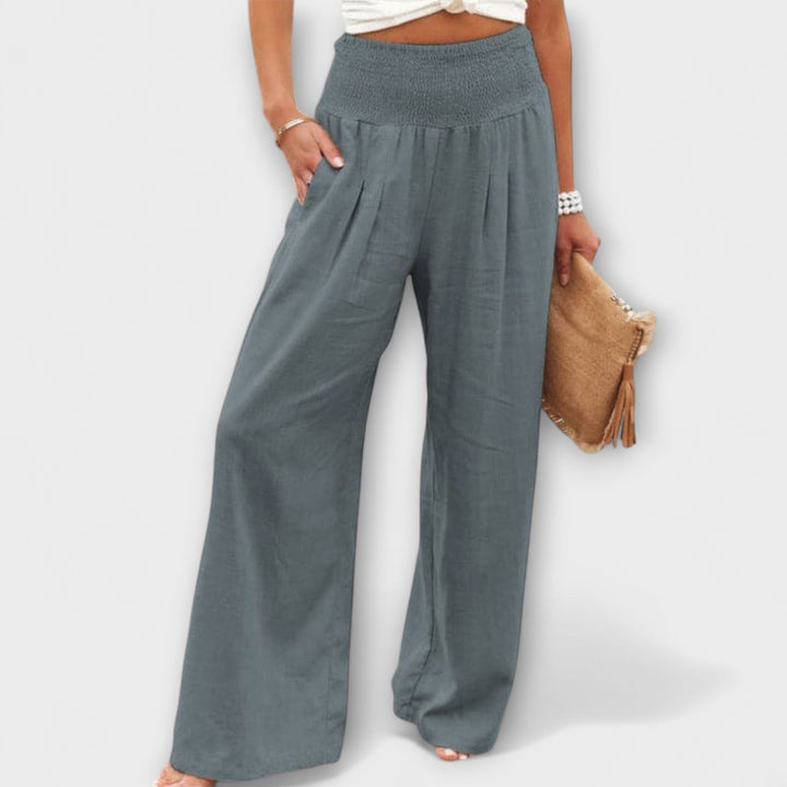 Coral | Wide Leg Trousers with Smocked Waist and Pleated Detail